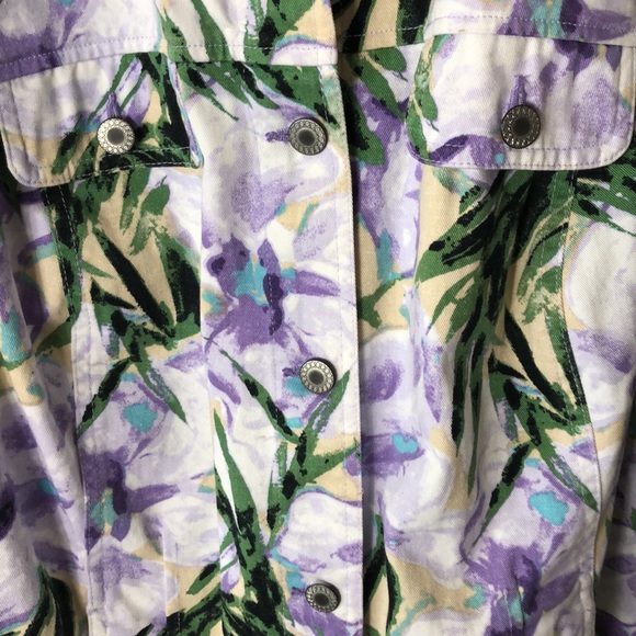 JM COLLECTION Women's Purple Green Floral Denim Jacket Pockets Long Slee… - Picture 6 of 9